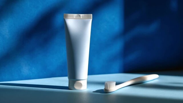 A light blue tube stands next to a white toothbrush on a light blue surface with a mottled blue background and strong shadows