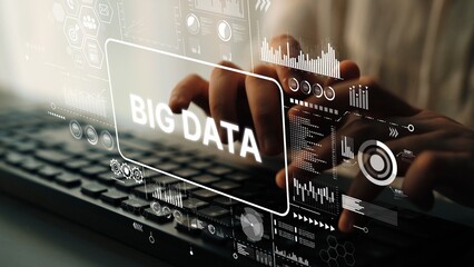 Hands Typing on Keyboard with Overlay of Big Data Graphics and Analytical Graphs in Modern Digital Concept. Asymptotic smart data analytic.