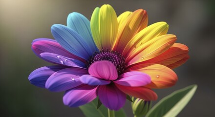 Fototapeta premium Vibrant Rainbow Flower Macro Close-up with Water Droplets, Showcasing Multi-Colored Petals Against a Softly Blurred Natural Background