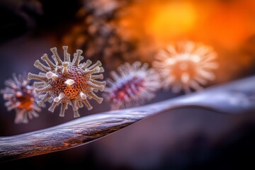 Detailed 3D render of vibrant coronavirus cells, symbolizing global health crisis and scientific research against infectious diseases, with a modern, artistic touch