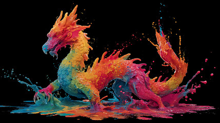 Two rainbow dragon creatures leap and splash across a black backdrop in vibrant neon hues. in motion