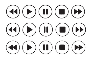Media Control Buttons Set – Play, Pause, Stop, Forward, and Rewind Icons. Vector Illustration