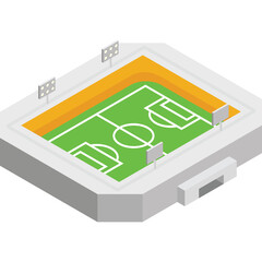 Isometric soccer stadium with green field and white markings under bright stadium lights on a sunny day with orange seating and a transparent background