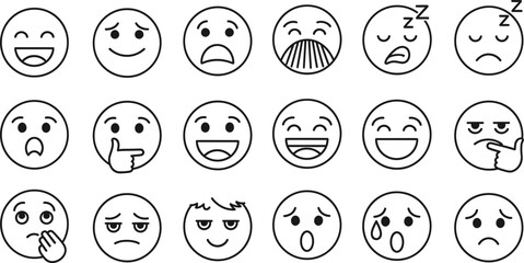 Collection of hand drawn emoji faces expressing various emotions isolated on transparent background