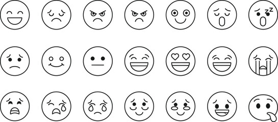 Collection of hand drawn outline emoji faces expressing various emotions and feelings isolated on transparent background