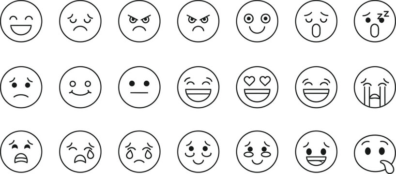 Naklejki Collection of hand drawn outline emoji faces expressing various emotions and feelings isolated on transparent background