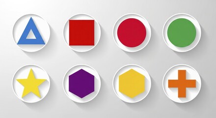 Colorful Geometric Shapes: Flat Design Icon Collection with Long Shadows for Modern UI UX
