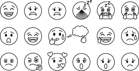 Collection of hand drawn emoji faces expressing various emotions isolated on transparent background