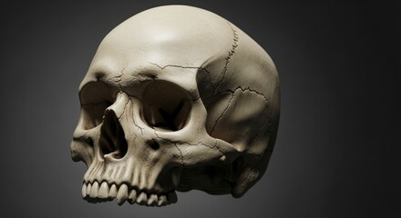 Intricate Human Skull Model in Side Profile, Revealing Detailed Bone Structure, Cranial Sutures, and Dental Features