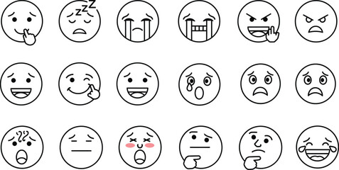 Collection of hand drawn outline emoji faces expressing various emotions isolated on transparent background