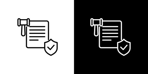 Clean line icon depicting legal protection, justice, and regulatory compliance with a gavel, secure document, and protective shield for business integrity