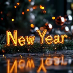Sparkling golden New Year text gleams amidst festive holiday decorations and bokeh lights, perfect for celebrations and seasonal greetings