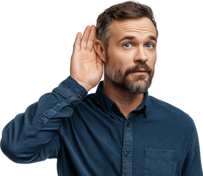Bearded man listening gesture with hand to ear isolated on white background