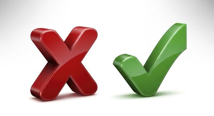 3D Red Cross and Green Check Marks on White Background, Glossy Symbols for Decisions and Feedback
