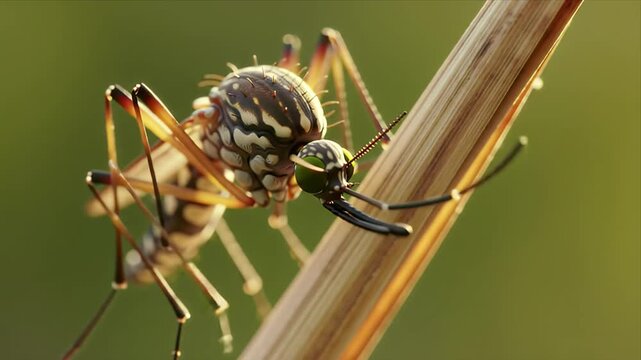 Stunning Macro Close-up of a Detailed Mosquito Perched on a Stem Extreme Intricate Insect Footage for Biology Pest Control and Nature Studies