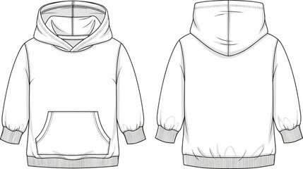 Hoodie, sweatshirt, fashion, apparel, clothing, garment, casual, sportswear, unisex, pullover, technical, flat, sketch, vector, illustration, design, template, front, back, view
