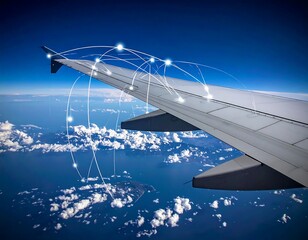 Aerial view from a plane wing with connected glowing dots