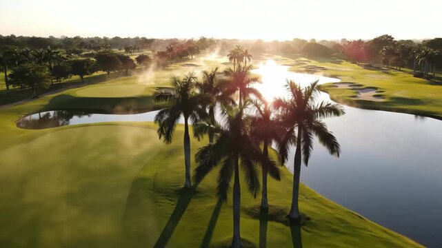 Aerial view of a serene golf course with a tranquil pond and palm trees at sunrise, showcasing lush greenery and a peaceful atmosphere.
