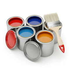 3d paint cans and brush isolated on transparent background isolated on white background