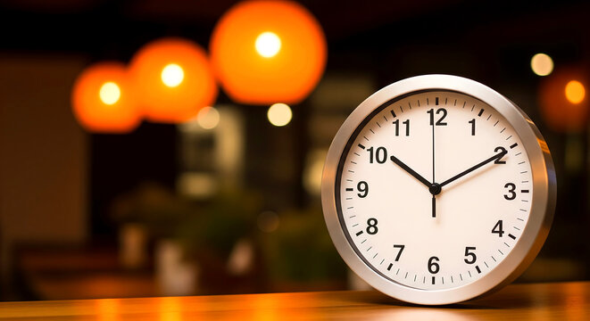 Modern analog clock on wooden table bathed in warm light, perfect for time management concepts or deadline driven projects and scheduling