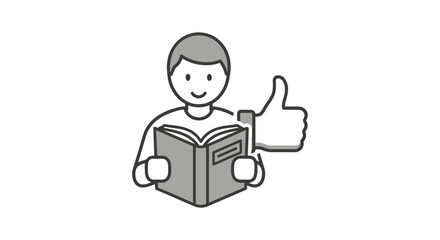 Stick figure reading a book with a thumbs up simple flat vector illustration isolated on white background