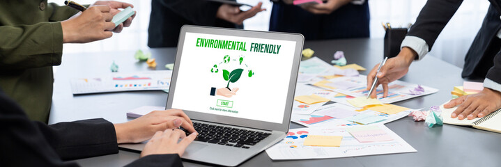 Analyst team use sticky note for creative and analytic brainstorm for business idea with BI data dashboard on laptop screen. Analysis financial data visualization tech for marketing strategy. Prodigy