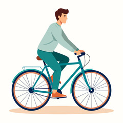 An illustration of a young man in casual attire riding a teal bicycle on a plain white background, depicted in profile.