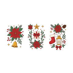 Festive Christmas Poinsettia Wreath and Ornaments Collection with Bell, Gift Box, Stocking, and Lantern