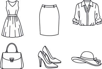 Line Art Clothing Collection Dress, Skirt, Blouse, Handbag, Heels, and Sun Hat