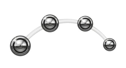 Shiny Metallic Spheres Linked by a Curved Translucent Rod, an Abstract Design Element on a Clean White Background