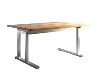 A standing desk with a wooden top and metal legs