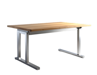 A standing desk with a wooden top and metal legs