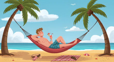 Naklejka premium A young caucasian on the beach relaxing and drinking cocktail under the heat of the sun with two coconut tree. A contemporary style with pastel palette blue tinted background with desaturated clouds