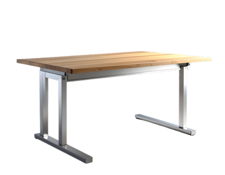 A standing desk with a wooden top and metal legs