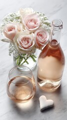 A bottle of wine and a glass of wine are on a table with a vase of flowers