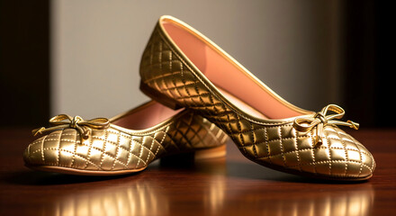 gold ballet flats with bow detail, perfect for adding a touch of luxury to any outfit, ideal for fashion blogs and retail promotions