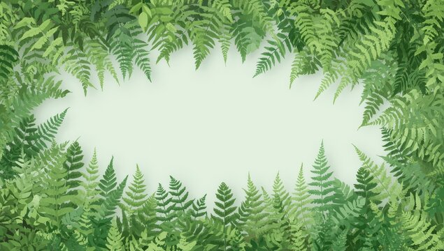 Fresh green fern leaves frame a central empty space, offering a clean, natural backdrop, with lush, overlapping foliage displaying varying shades of verdant hues, creating a vibrant, botanical... - Powered by Adobe