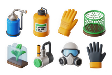 Collection of scientific and safety equipment isolated on transparent background