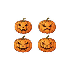 Four Jack O Lantern Halloween Pumpkins with Different Scary Carved Faces and Expressions Set Illustration