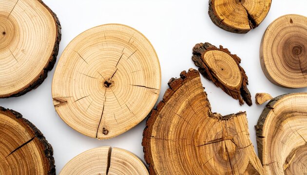 Different types of old wood logs set white Background