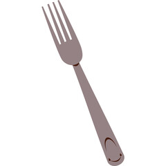 A single metallic four-pronged fork with a curved handle and engraved details shown in a diagonal orientation against a pure white background