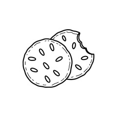 Hand Drawn Cookies With Chocolate Chips And One Bitten Cookie Vector Illustration In Black And White Line Art Style