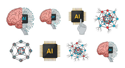 Set of artificial intelligence icons vector illustration of brain and chip symbols concept for machine learning and neural network technology