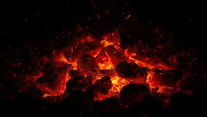 Glowing embers are shown brightly, showcasing the intense heat and energy emanating from the hot, charred, and crackling pieces of coal or burnt wood against a pitch-black background.