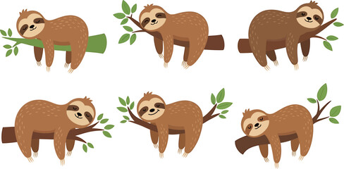 Fototapeta premium Adorable Brown Sloths Hanging on Tree Branches Cartoon Vector Illustration Six Cute Lazy Sloths in Various Relaxing Poses on Branches Tropical Rainforest Wildlife
