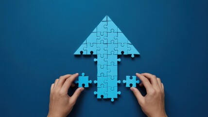 Hands assemble a blue jigsaw puzzle arrow pointing upwards on a blue background