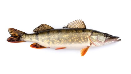 Fototapeta premium Isolated Northern Pike Fish with Aquatic Predator, Side View, and on White Background.