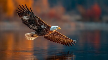 Majestic Bald Eagle Soaring Over Tranquil Autumn Lake Waters