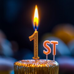 Sparkling golden '1st' birthday candle glows vibrantly on a festive cake, celebrating a special milestone with joy and warmth