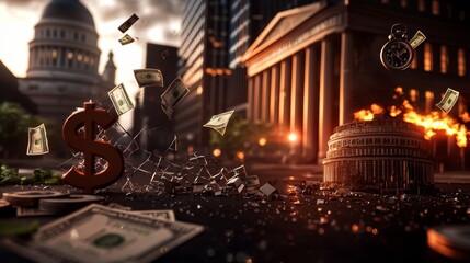 Dramatic financial crisis unfolds with dollar signs shattering and money flying amidst burning capitol buildings at dusk